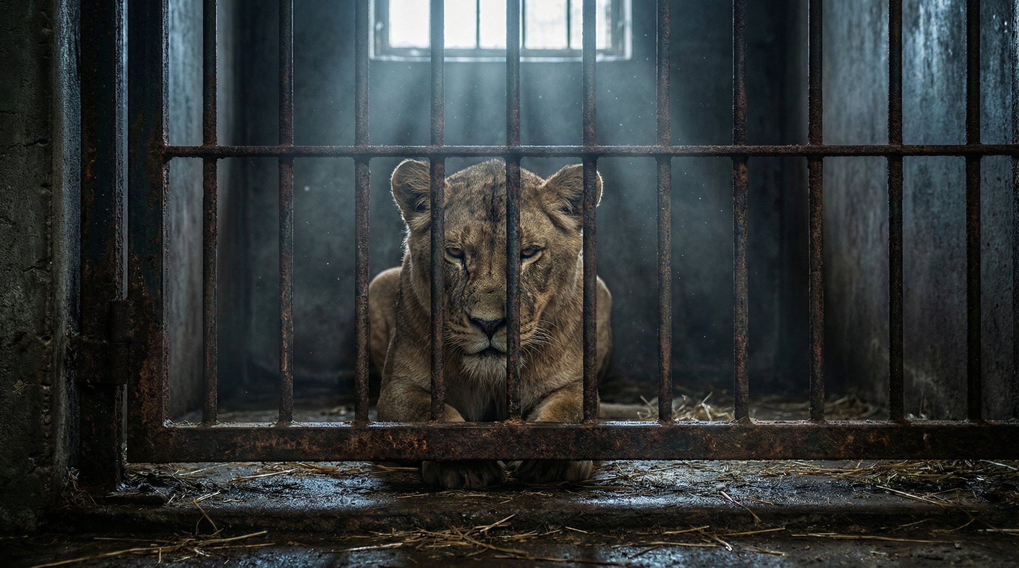 AI-assisted visual for Turkish Cargo Mission Rescue: a lioness behind rusty bars in a dim enclosure