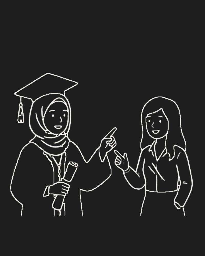 Illustration of me at my graduation, talking with a UI/UX designer who inspired my career change