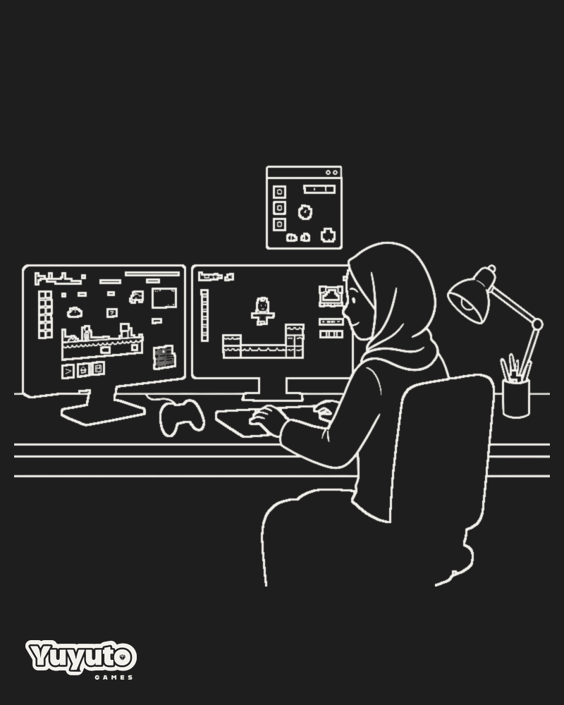 Illustration of me designing game interfaces during my internship, with the Yuyuto Games logo