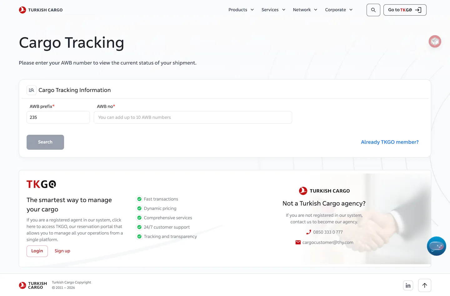 Turkish Cargo cargo tracking page, desktop