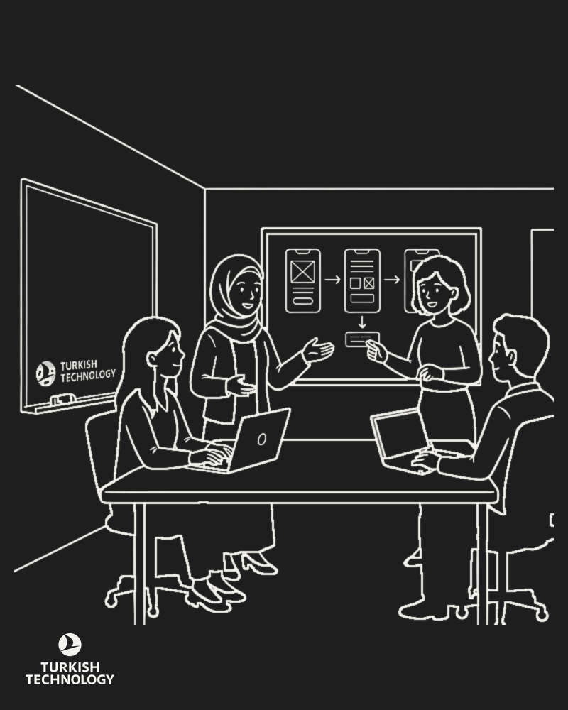 Illustration of me presenting app wireframes to my team, with the Turkish Technology logo