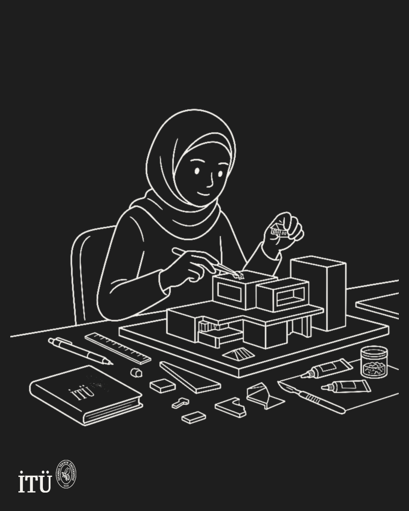 Illustration of me building an architectural model as an architecture student, with the Istanbul Technical University logo