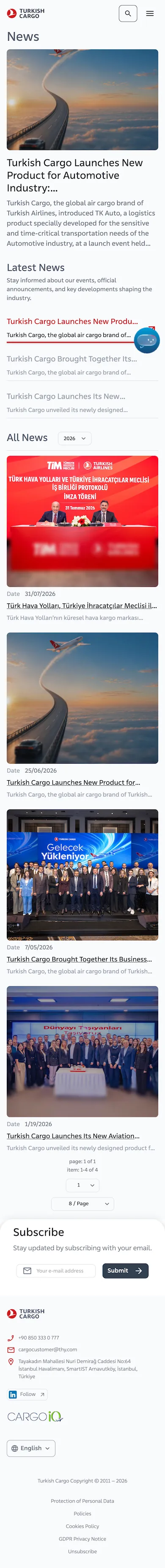 Turkish Cargo news and announcements page, mobile