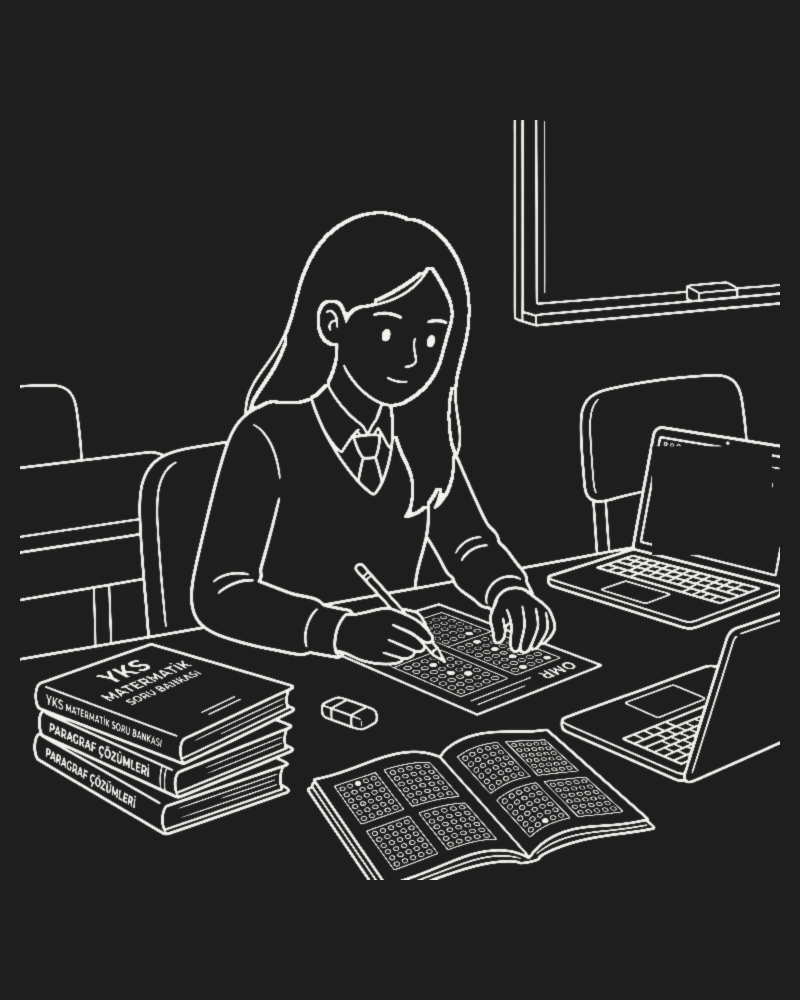 Illustration of me in high school studying for the university entrance exam with stacks of books