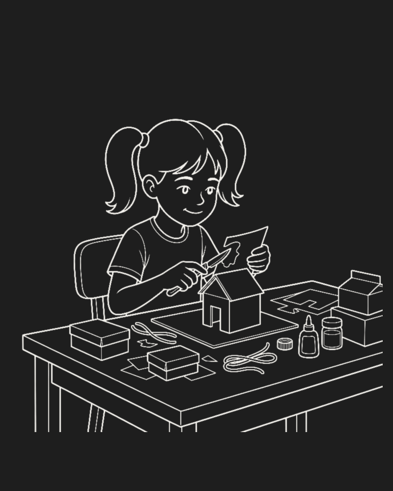 Illustration of me as a child building a cardboard house at a table full of craft materials
