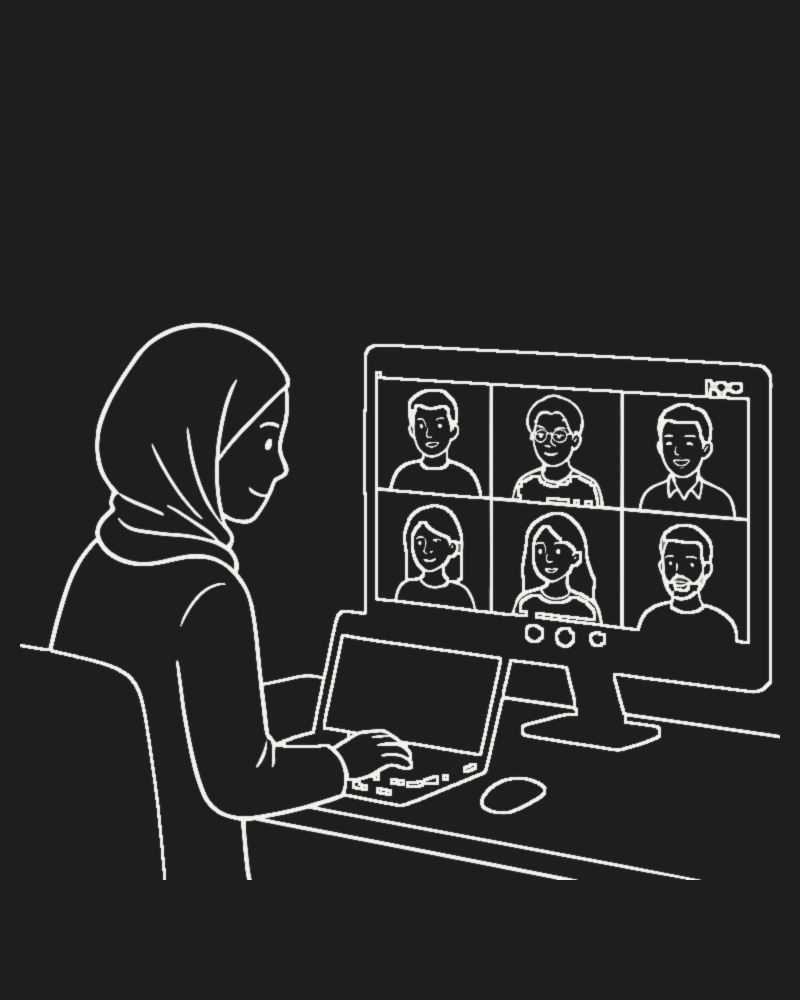 Illustration of me in an online Re:Coded bootcamp session with international mentors