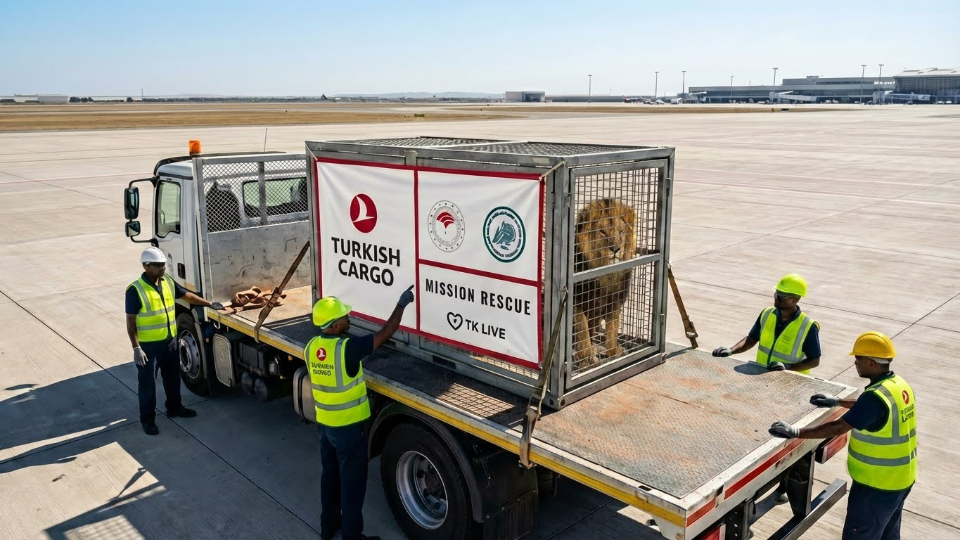 AI-assisted visual for Turkish Cargo Mission Rescue: a rescued lion in a transport crate on an airport apron with ground crew