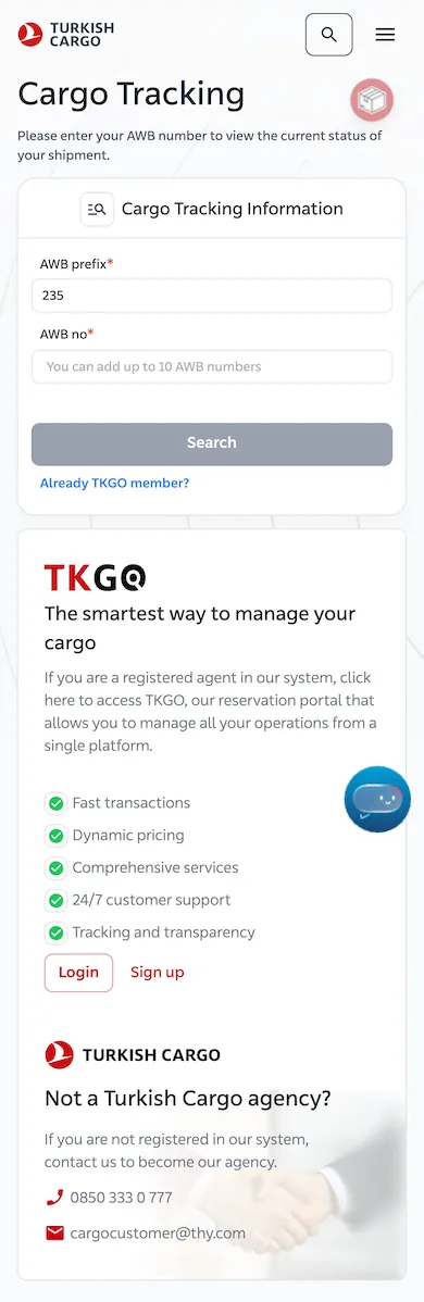 Turkish Cargo cargo tracking page, mobile