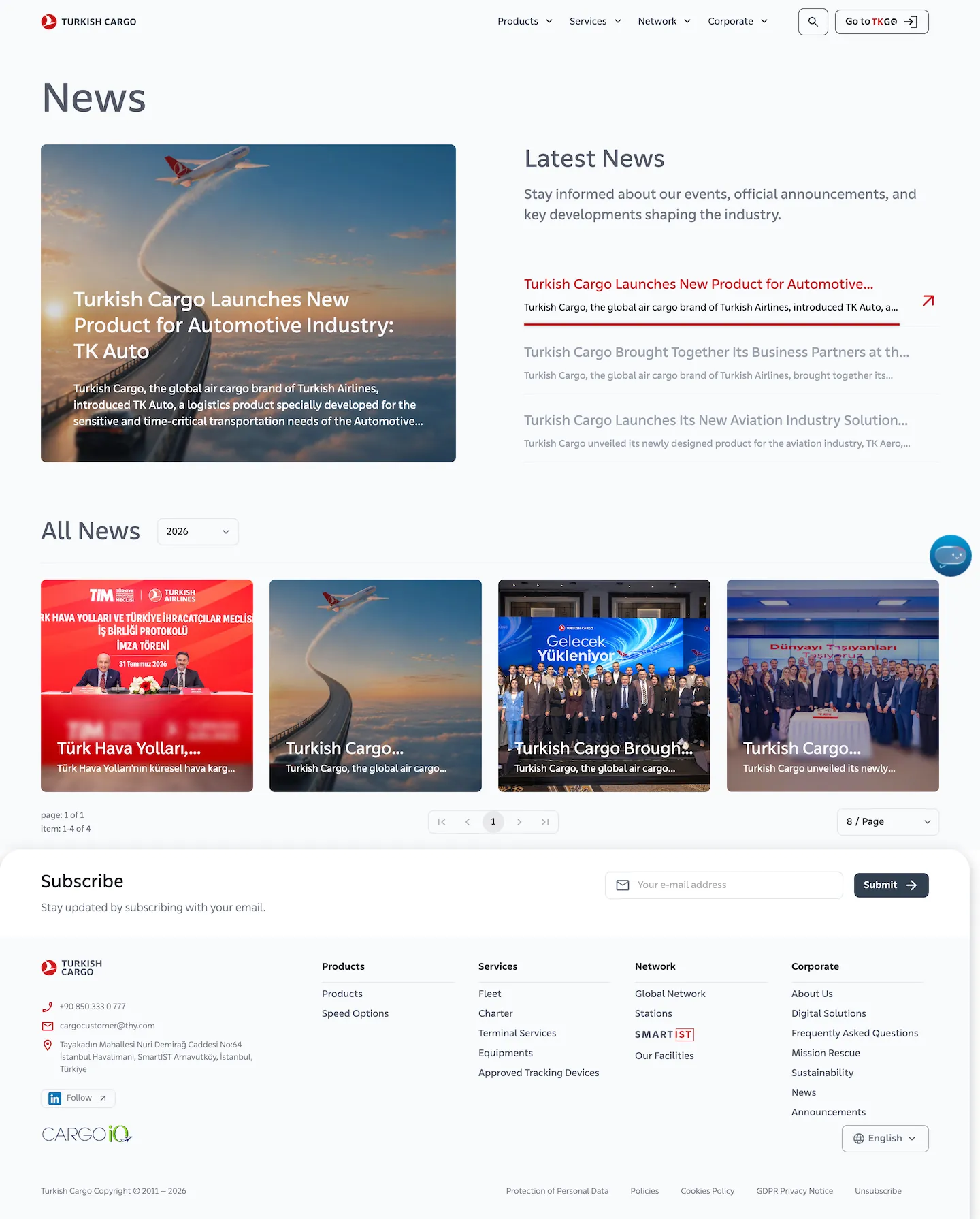 Turkish Cargo news and announcements page, desktop